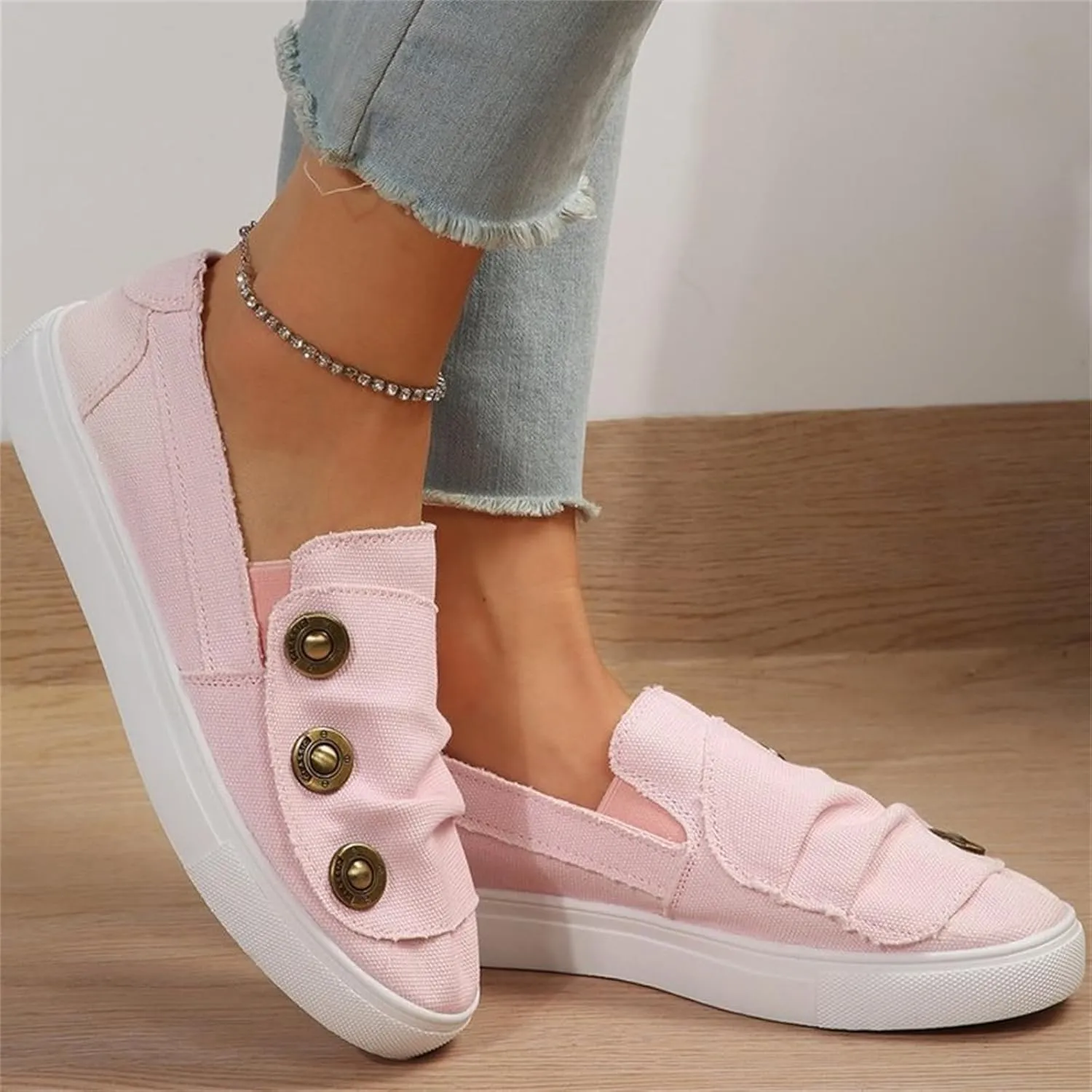 Clearlyss Women Casual Button Comfy Sneakers, Denim Canvas Sneakers Women, Comfy Low Top Slip on Orthopedic Sneakers