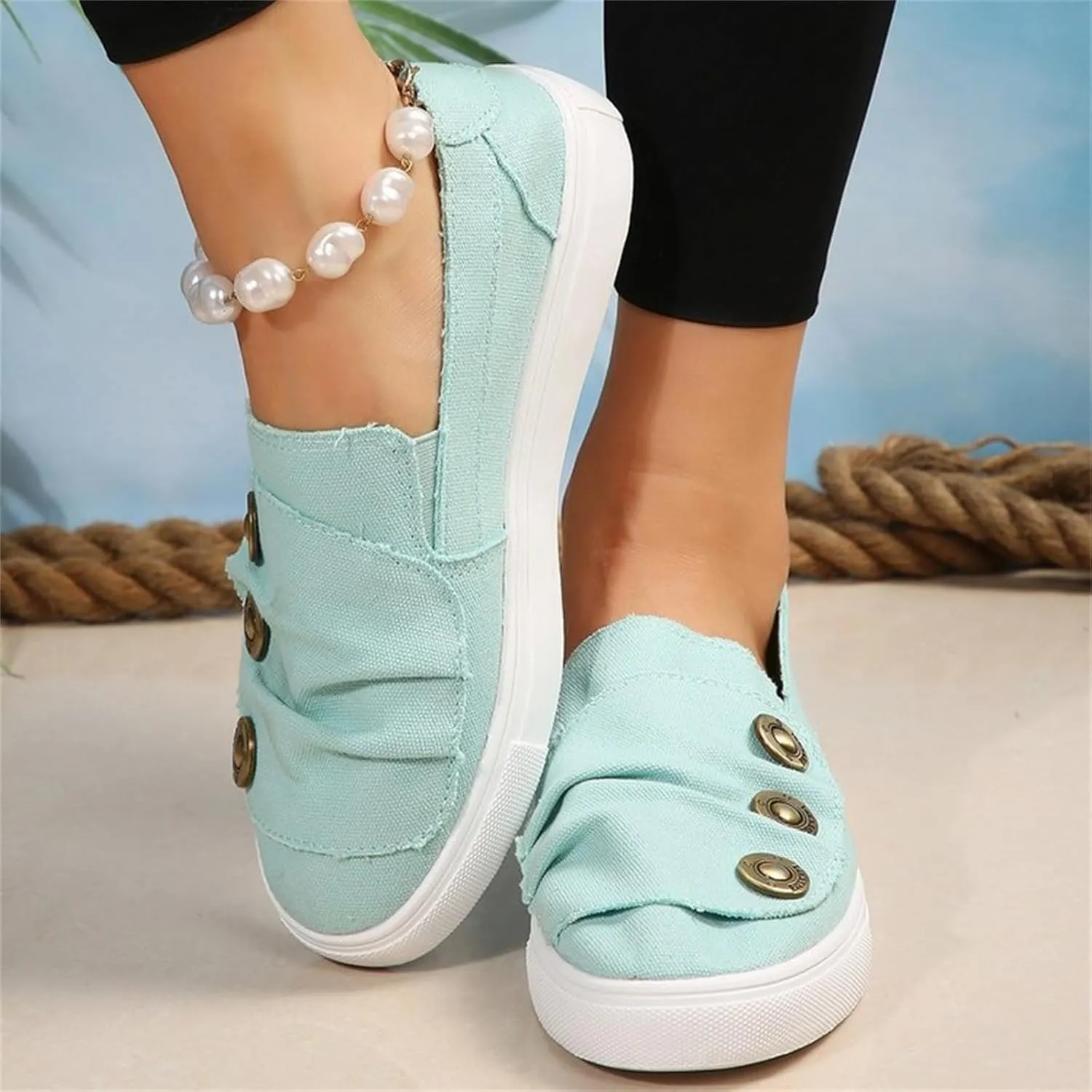 Clearlyss Women Casual Button Comfy Sneakers, Denim Canvas Sneakers Women, Comfy Low Top Slip on Orthopedic Sneakers