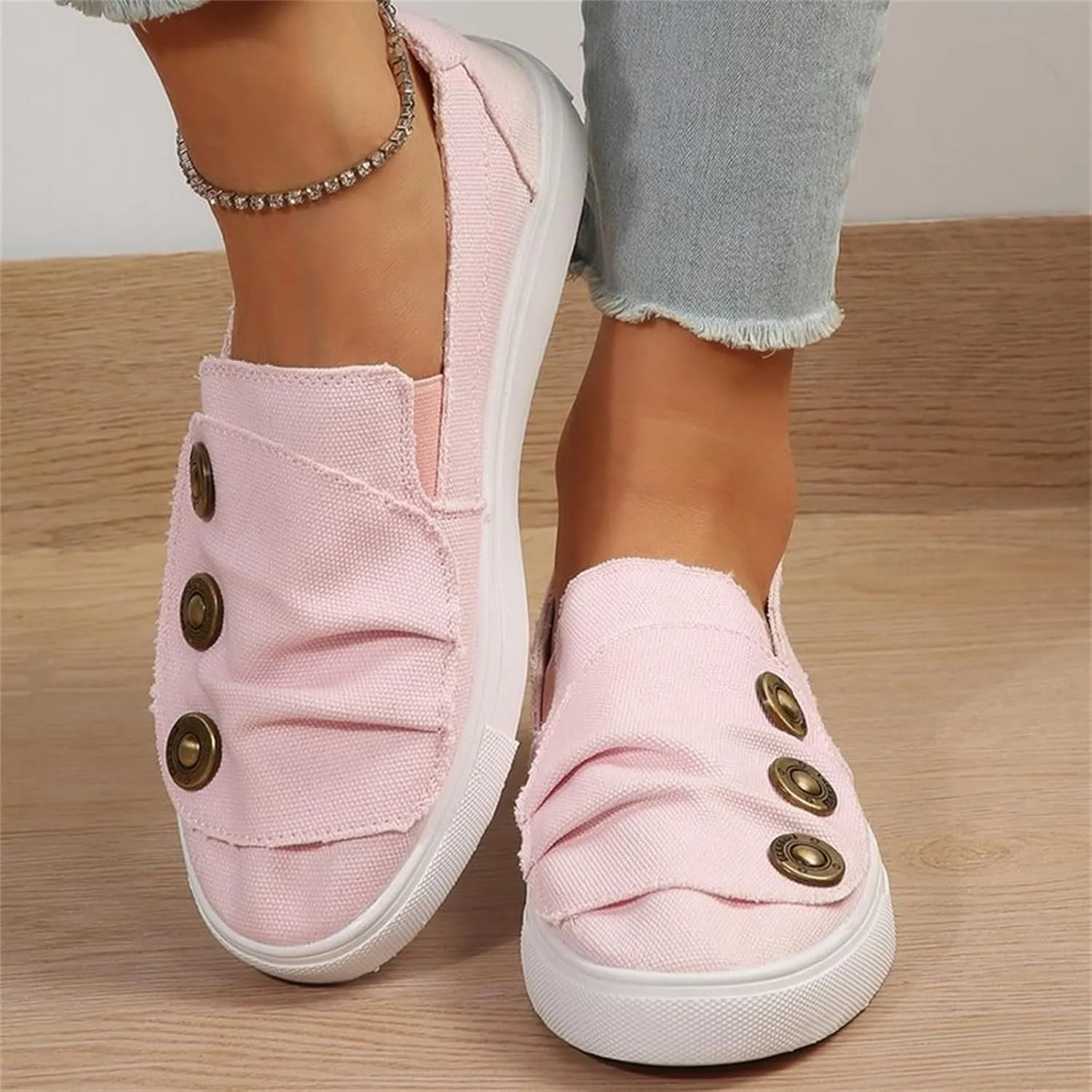 Clearlyss Women Casual Button Comfy Sneakers, Denim Canvas Sneakers Women, Comfy Low Top Slip on Orthopedic Sneakers
