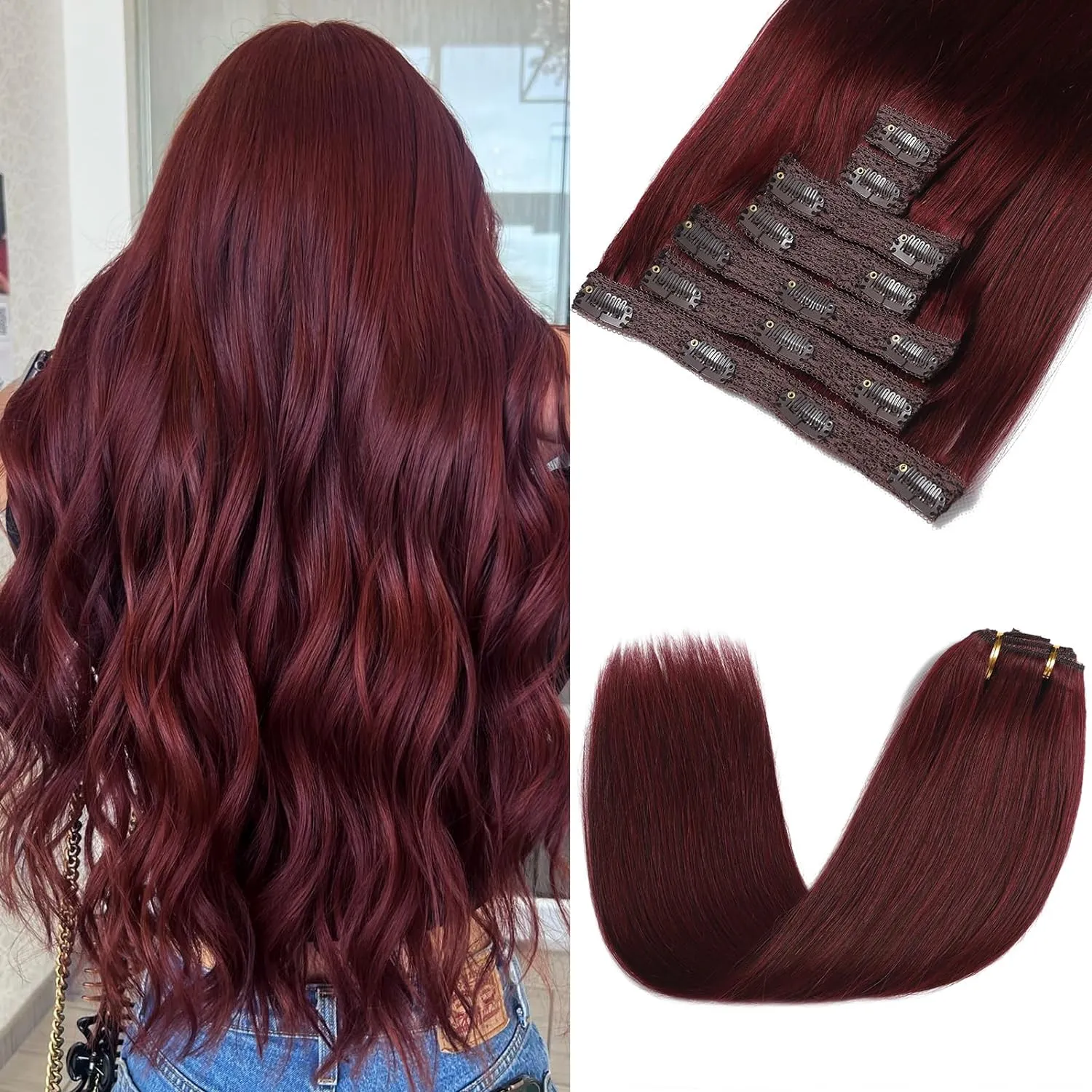 Clip in Hair Extensions Real Human Hair - 22 Inch 120g 7pcs, Burgundy Red Color - Soft Remy Human Hair Clip in Extensions Straight Double Weft for Women (#99J 22 Inch)