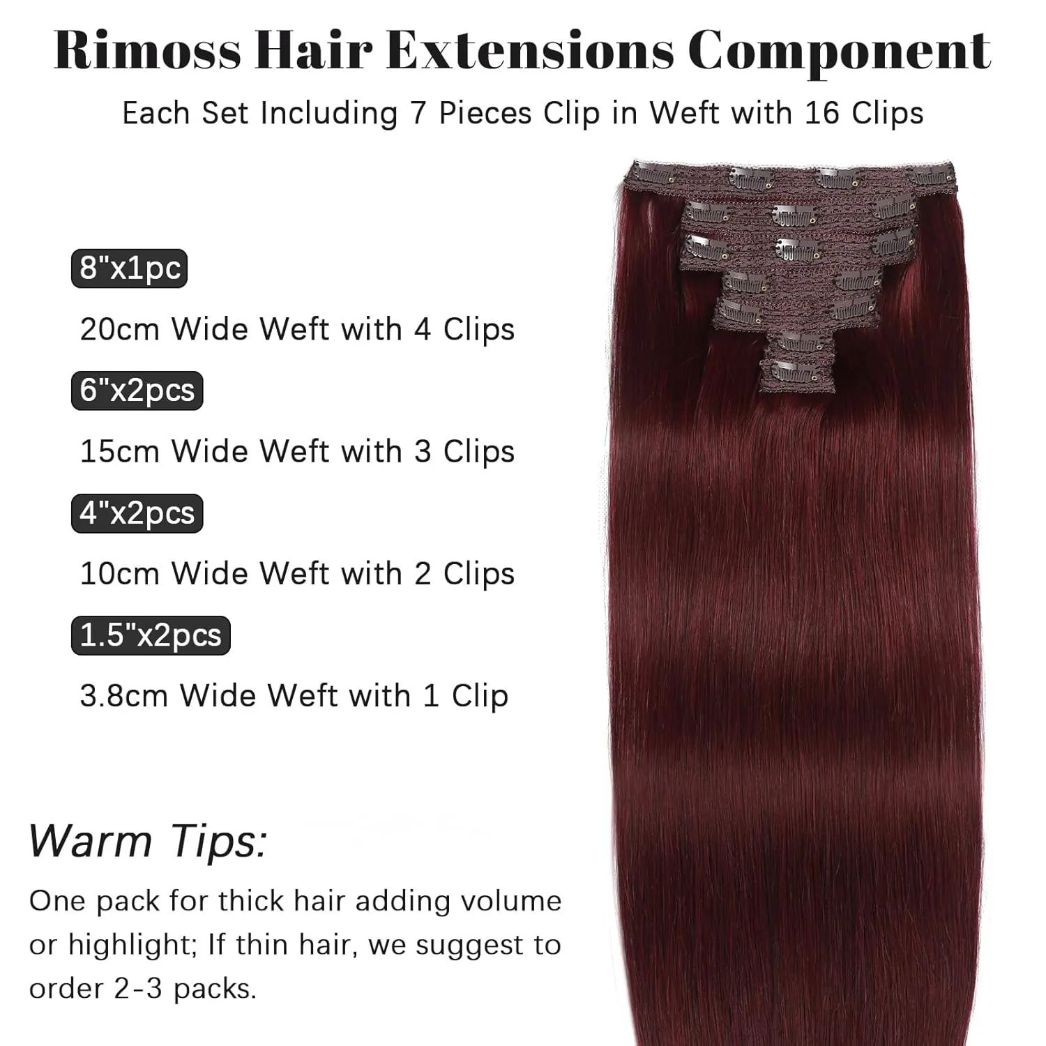 Clip in Hair Extensions Real Human Hair - 22 Inch 120g 7pcs, Burgundy Red Color - Soft Remy Human Hair Clip in Extensions Straight Double Weft for Women (#99J 22 Inch)