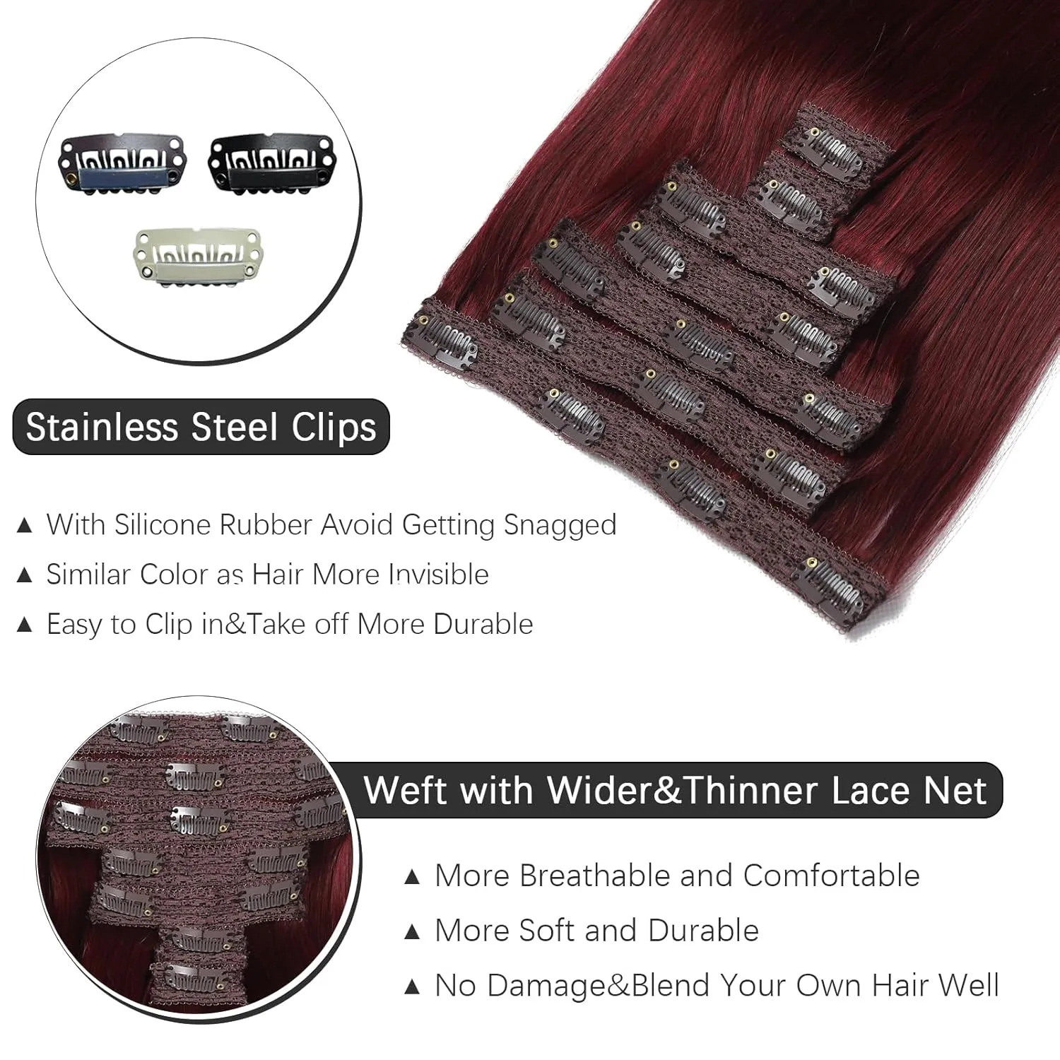 Clip in Hair Extensions Real Human Hair - 22 Inch 120g 7pcs, Burgundy Red Color - Soft Remy Human Hair Clip in Extensions Straight Double Weft for Women (#99J 22 Inch)