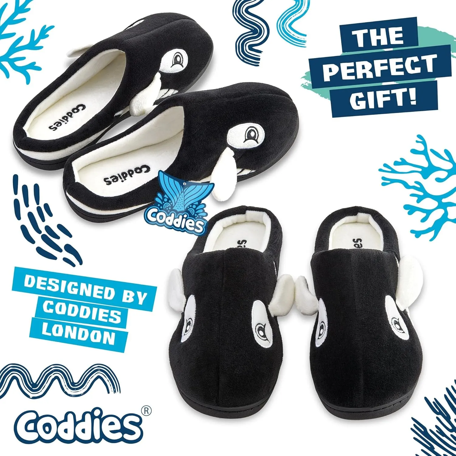 Coddies Orca Slippers | Plush Fish Shoes - Animal House Slides - Memory Foam - Funny Gag Gift for Men, Women & Kids