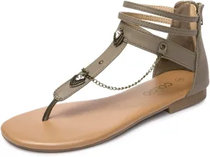 Colgo Thong Flat Sandals with Chain, Ankle Strap Zip Closure Flat Sandals, Women's Casual Sandals for Summer Party