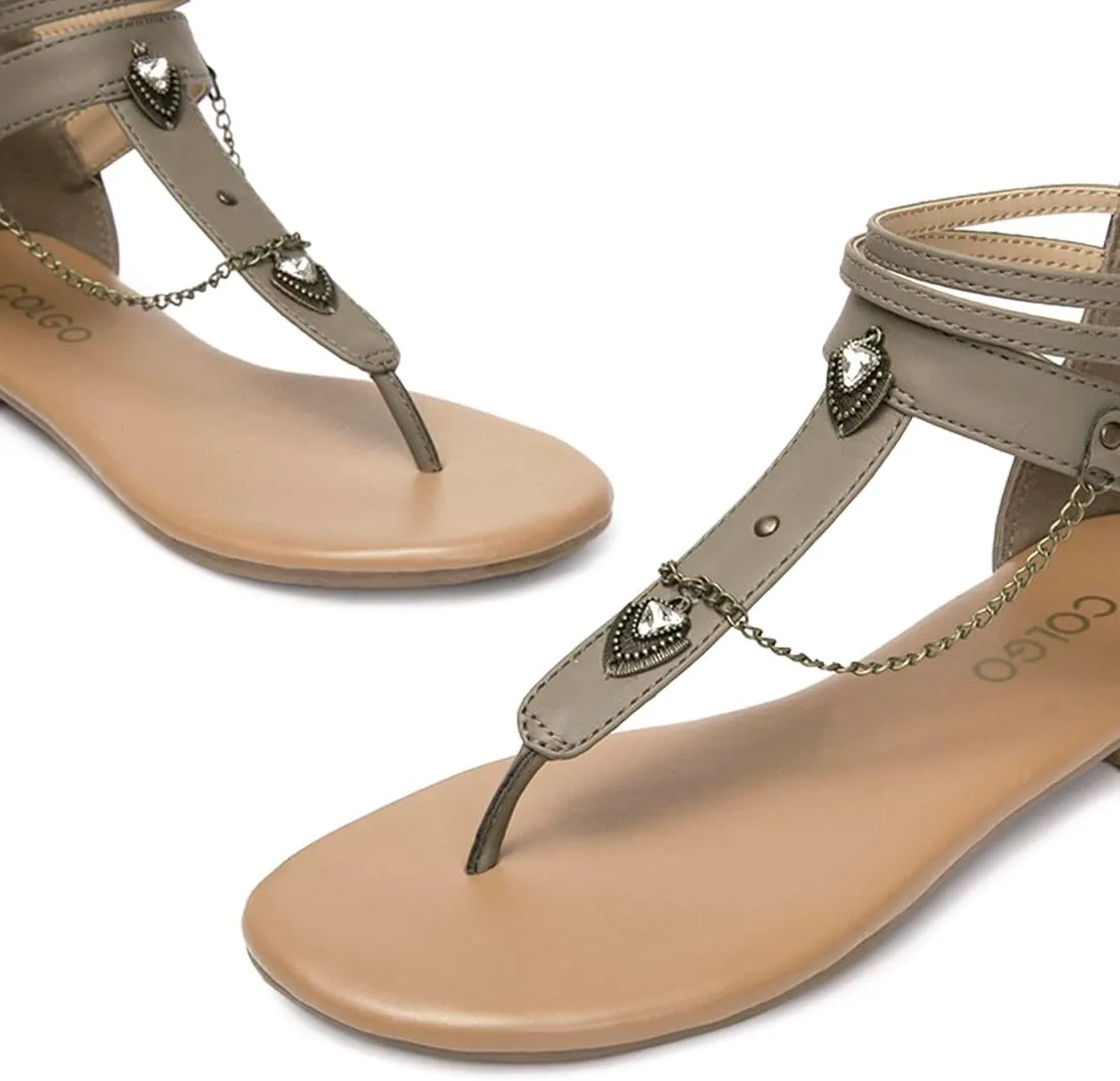 Colgo Thong Flat Sandals with Chain, Ankle Strap Zip Closure Flat Sandals, Women's Casual Sandals for Summer Party