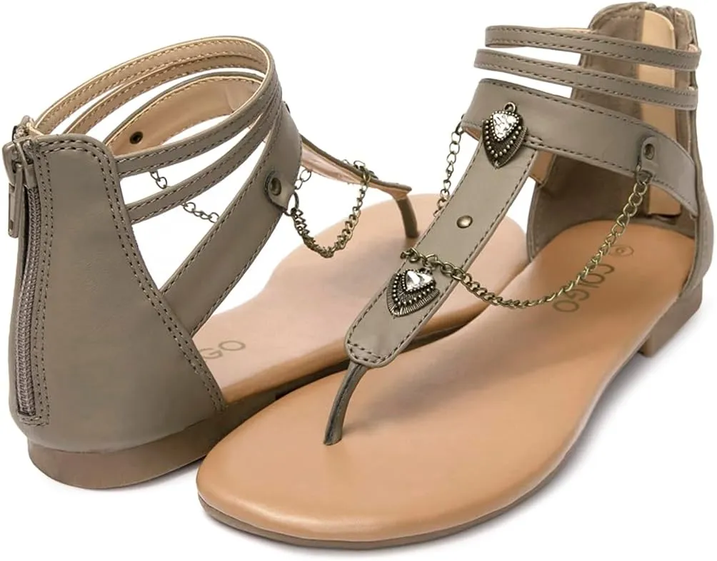Colgo Thong Flat Sandals with Chain, Ankle Strap Zip Closure Flat Sandals, Women's Casual Sandals for Summer Party