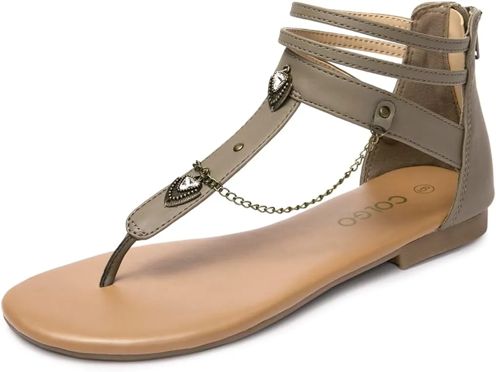 Colgo Thong Flat Sandals with Chain, Ankle Strap Zip Closure Flat Sandals, Women's Casual Sandals for Summer Party