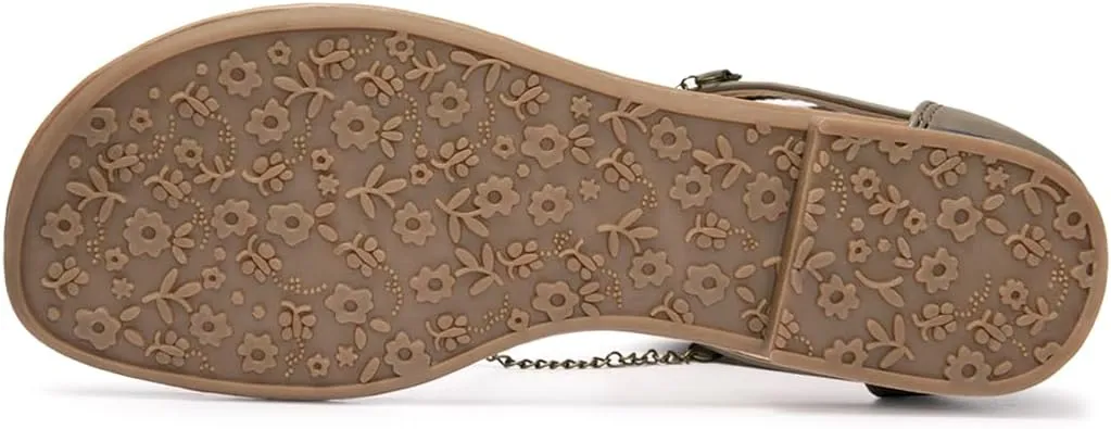 Colgo Thong Flat Sandals with Chain, Ankle Strap Zip Closure Flat Sandals, Women's Casual Sandals for Summer Party