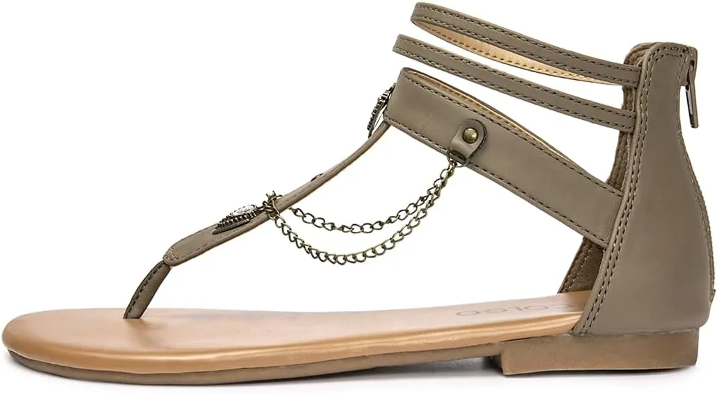 Colgo Thong Flat Sandals with Chain, Ankle Strap Zip Closure Flat Sandals, Women's Casual Sandals for Summer Party