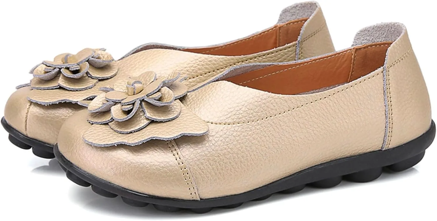 Comfortable Walking Slip on Flat Shoes Ladies Dressy Loafers Breathable Leather Wide Width Loafer Round Toe Wild Fashion Soft Casual Outdoor Sandals for Women