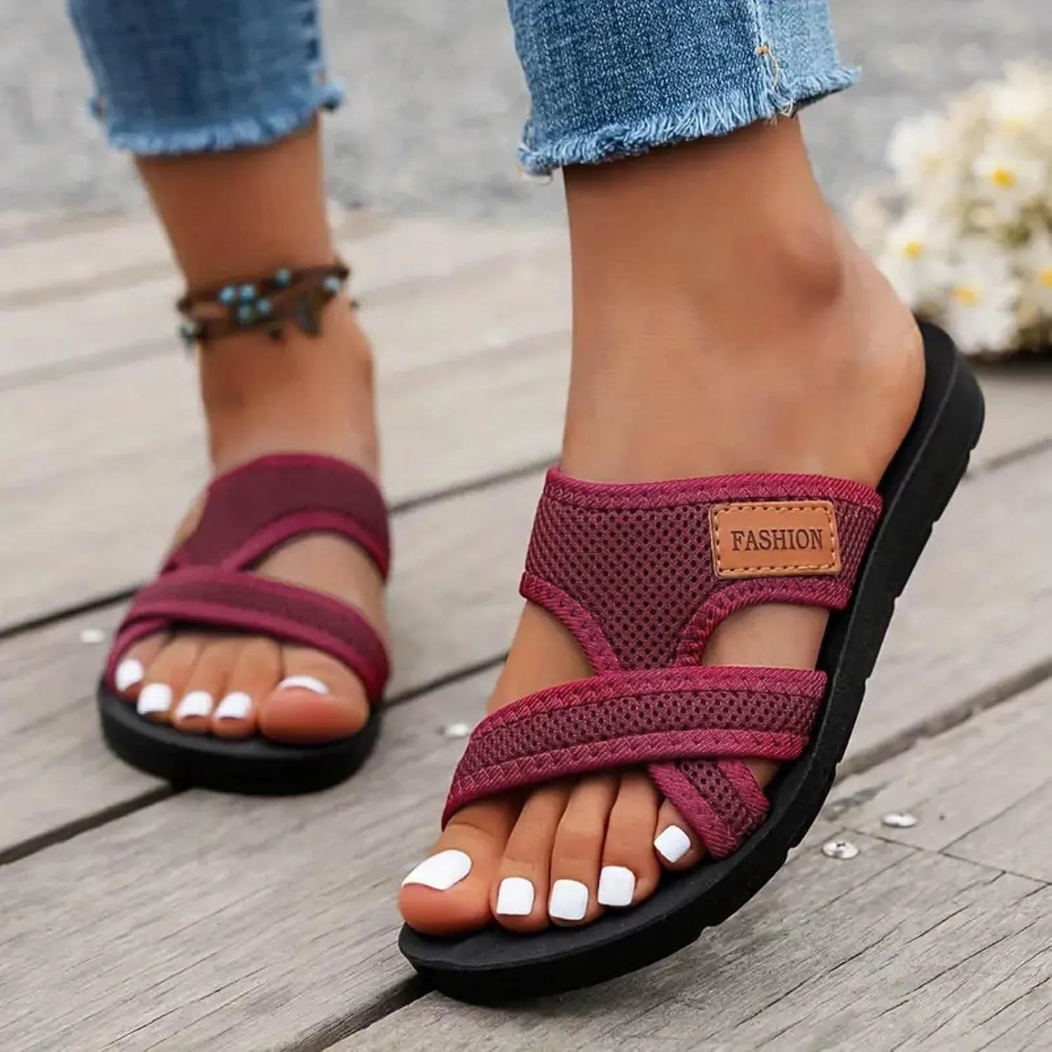 Comfy Orthopedic Sandals for Women Flip Flops Split Toe Stylish Hollow Mesh Slide Non-Slip Sole Arch Support Beach Walking Dressy Indoor and Outdoor