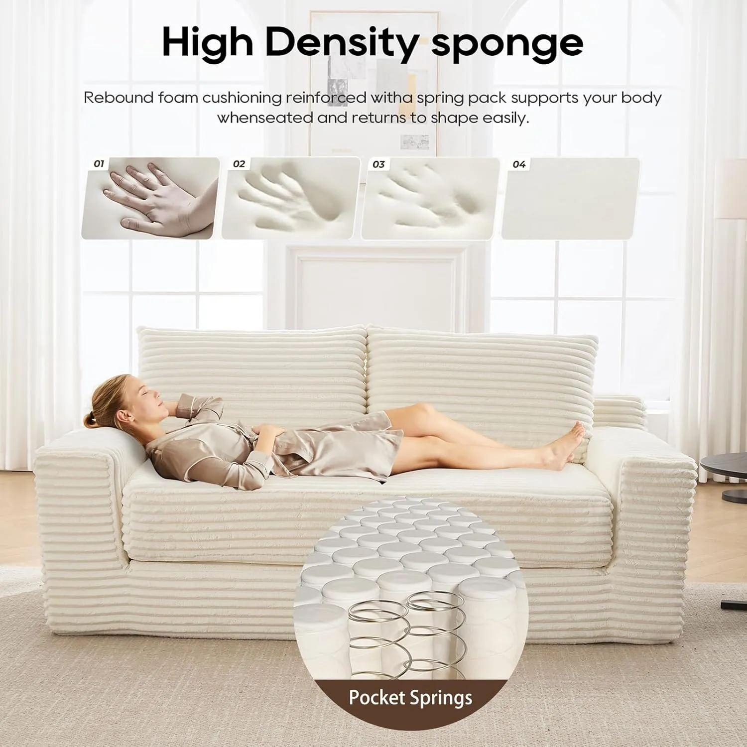 Convertible Floor Sofa Bed, Corduroy Folding Sleeper Sofa with Thick Mattress, Foldable Floor Lounge Couch with Fixed-Shape Frame, Comfy Fold Out Compressed Couch Bed for Living Room, Bedroom, Beige