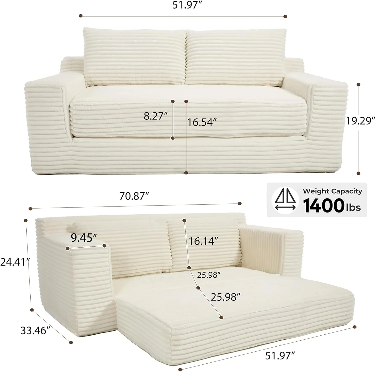 Convertible Floor Sofa Bed, Corduroy Folding Sleeper Sofa with Thick Mattress, Foldable Floor Lounge Couch with Fixed-Shape Frame, Comfy Fold Out Compressed Couch Bed for Living Room, Bedroom, Beige