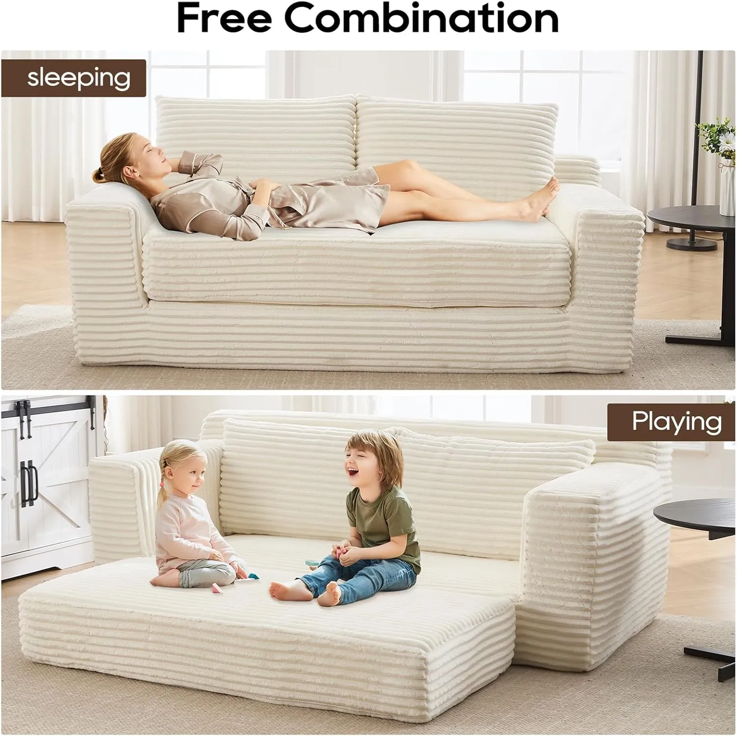 Convertible Floor Sofa Bed, Corduroy Folding Sleeper Sofa with Thick Mattress, Foldable Floor Lounge Couch with Fixed-Shape Frame, Comfy Fold Out Compressed Couch Bed for Living Room, Bedroom, Beige