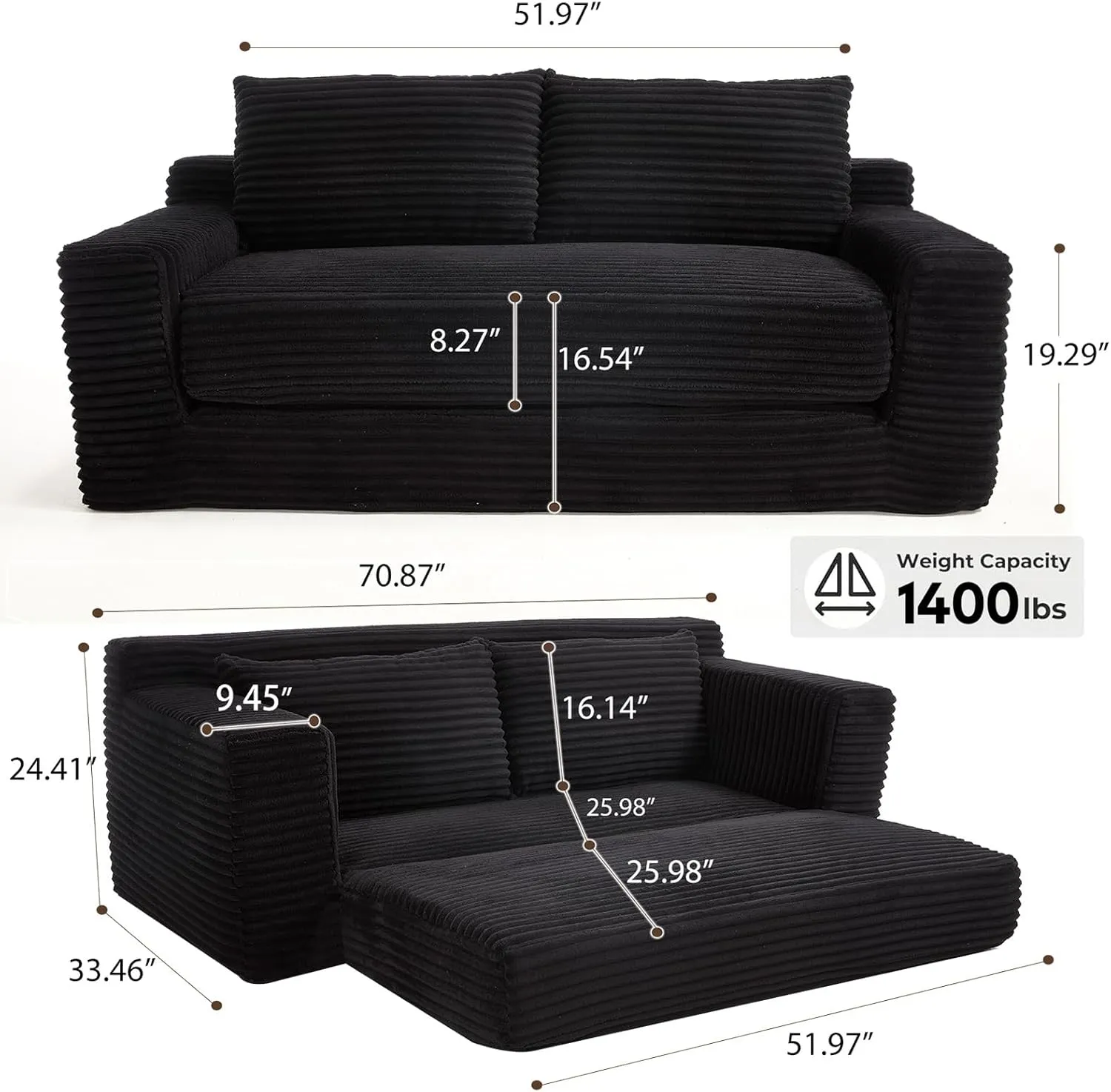 Convertible Floor Sofa Bed, Corduroy Folding Sleeper Sofa with Thick Mattress, Foldable Floor Lounge Couch with Fixed-Shape Frame, Comfy Fold Out Compressed Couch Bed for Living Room, Bedroom, Black