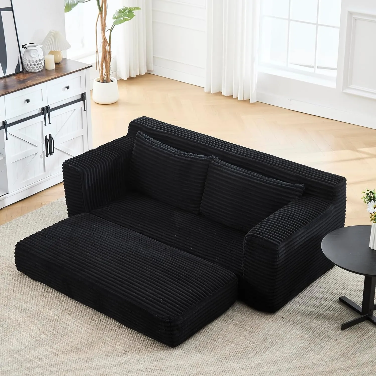 Convertible Floor Sofa Bed, Corduroy Folding Sleeper Sofa with Thick Mattress, Foldable Floor Lounge Couch with Fixed-Shape Frame, Comfy Fold Out Compressed Couch Bed for Living Room, Bedroom, Black