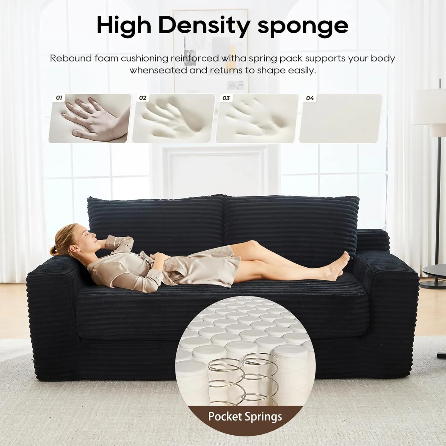 Convertible Floor Sofa Bed, Corduroy Folding Sleeper Sofa with Thick Mattress, Foldable Floor Lounge Couch with Fixed-Shape Frame, Comfy Fold Out Compressed Couch Bed for Living Room, Bedroom, Black