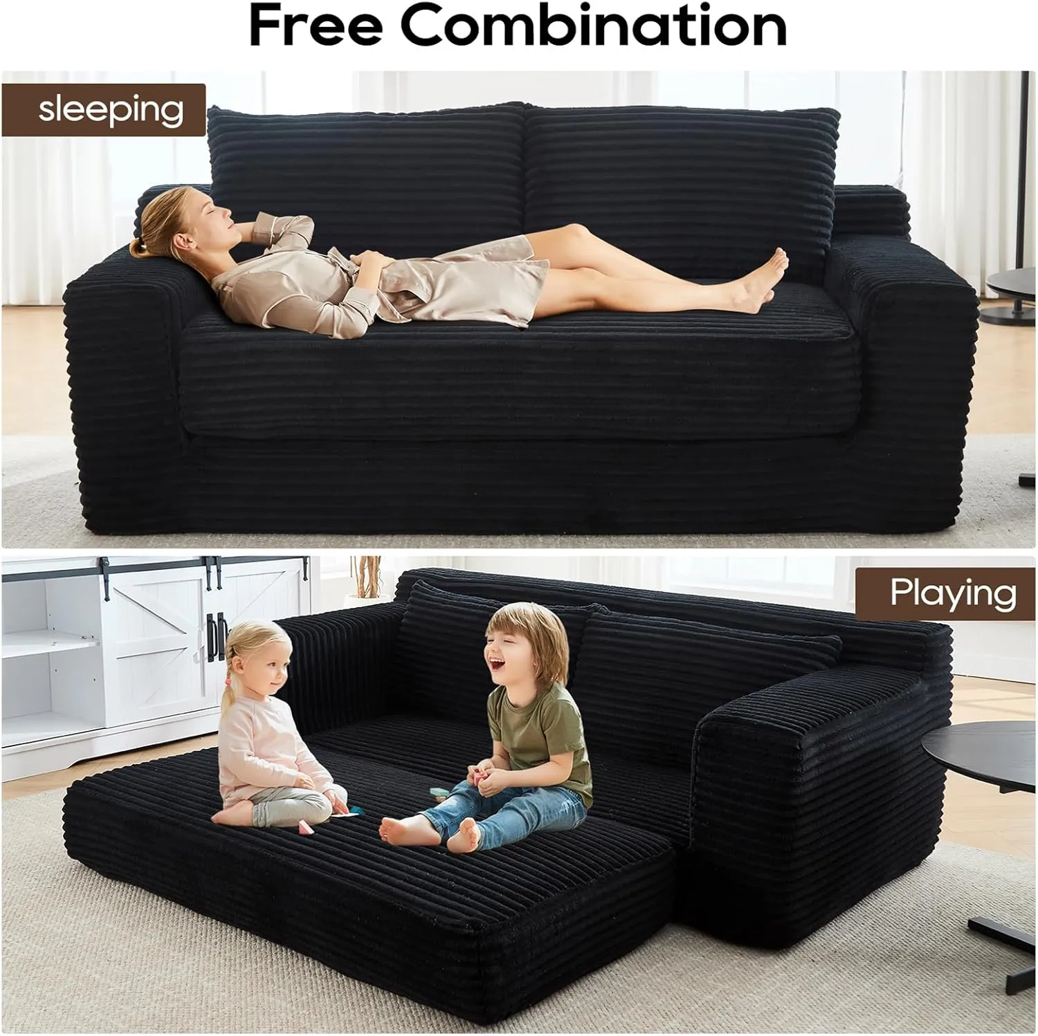 Convertible Floor Sofa Bed, Corduroy Folding Sleeper Sofa with Thick Mattress, Foldable Floor Lounge Couch with Fixed-Shape Frame, Comfy Fold Out Compressed Couch Bed for Living Room, Bedroom, Black