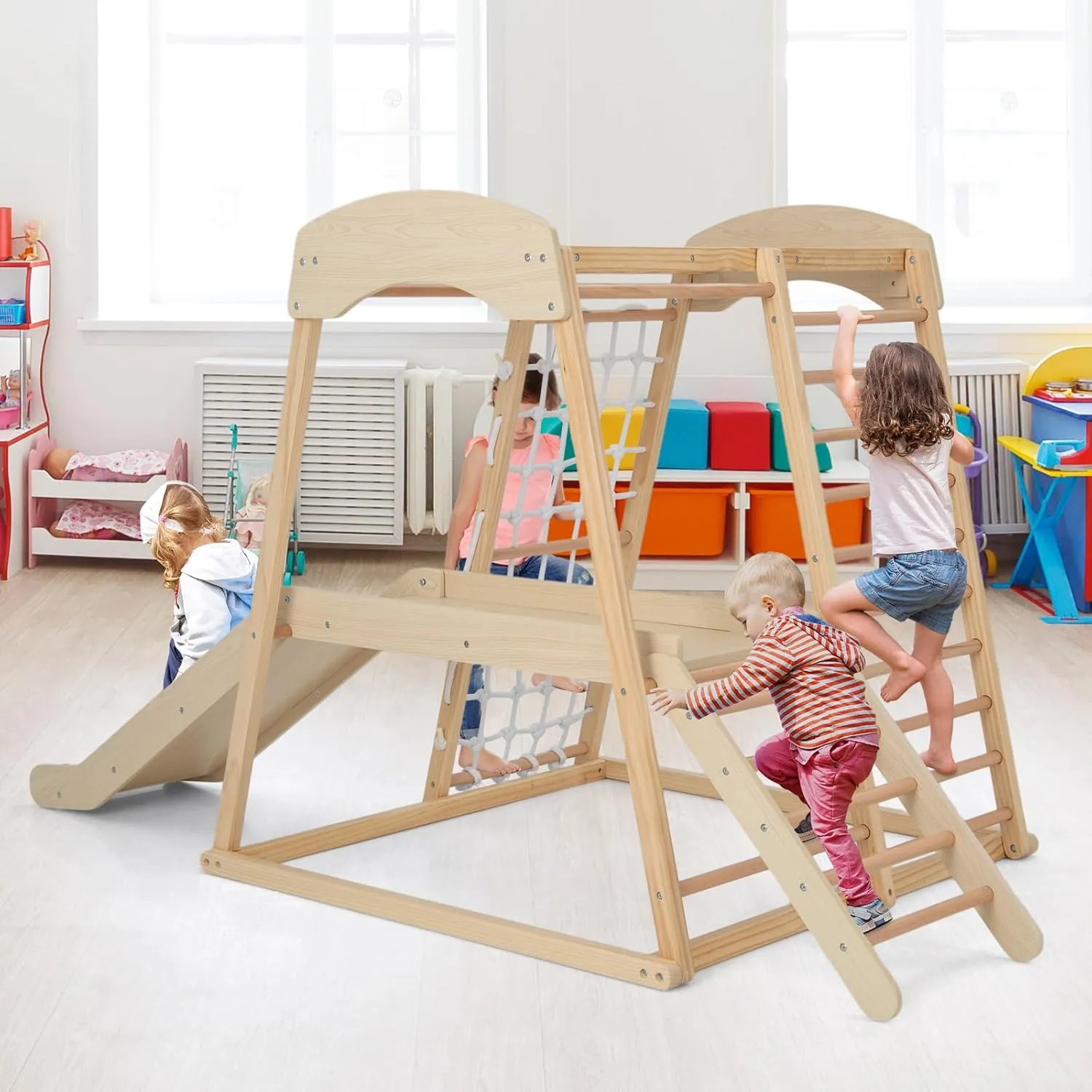 Costzon Indoor Jungle Gym, 6-in-1 Montessori Climbing Toys for Toddlers with Slide, Climbing Net, Monkey Bars, Wooden Playground Climber Playset for Kids Gifts Presents