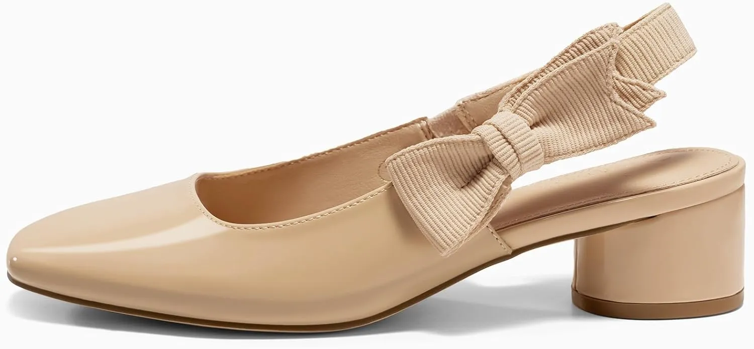 Coutgo Women's Low Block Heels Slingback Bow Closed Square Toe Slip On Work Pumps Dress Shoes