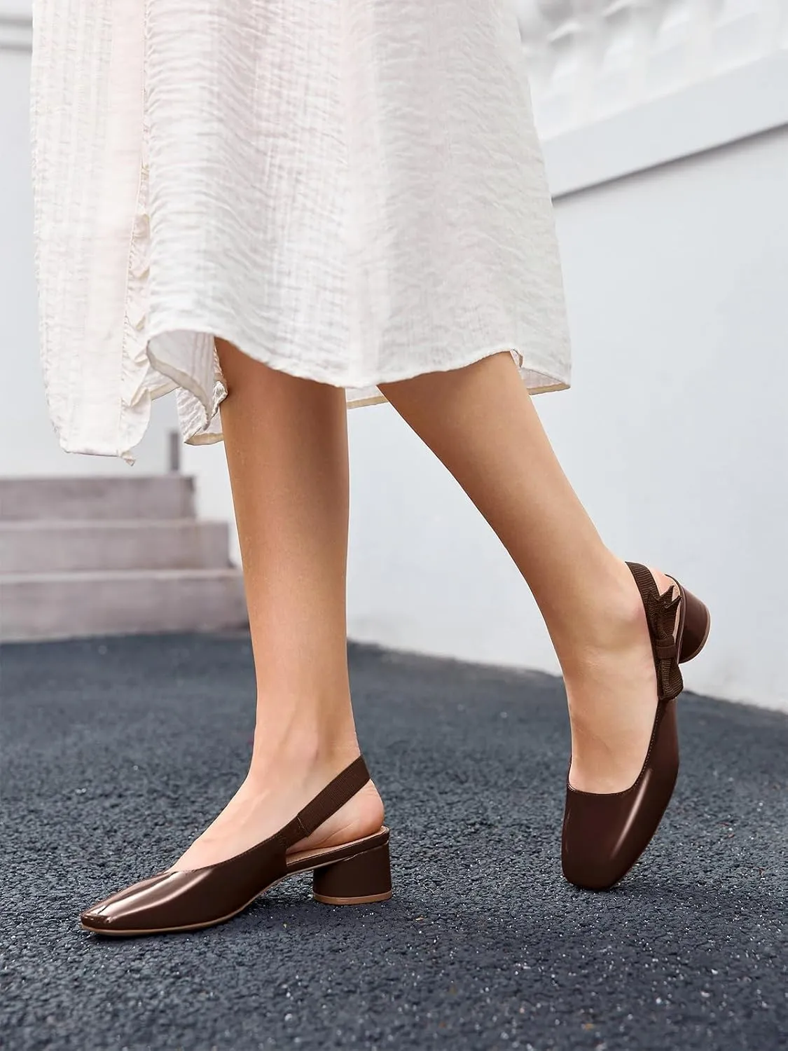 Coutgo Women's Low Block Heels Slingback Bow Closed Square Toe Slip On Work Pumps Dress Shoes