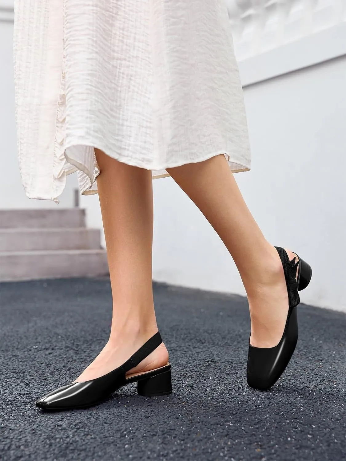 Coutgo Women's Slingback Chunky Heels Bow Closed Square Toe Slip On Work Pumps Dress Shoes