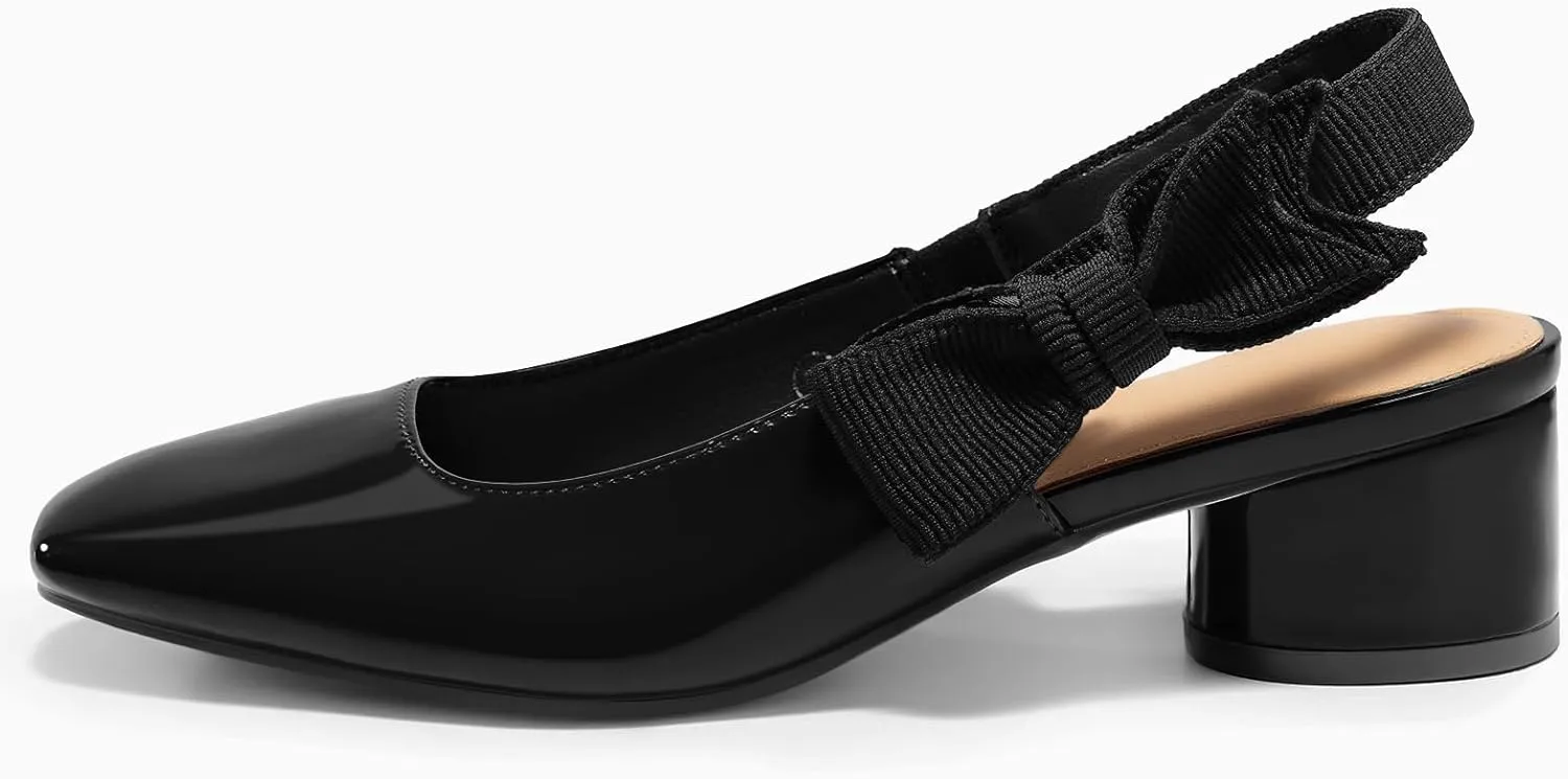 Coutgo Women's Slingback Chunky Heels Bow Closed Square Toe Slip On Work Pumps Dress Shoes