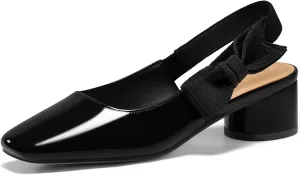 Coutgo Women's Slingback Chunky Heels Bow Closed Square Toe Slip On Work Pumps Dress Shoes