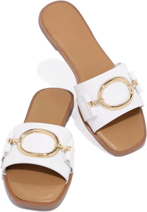 Coutgo Womens Square Toe Dressy Summer Slide Sandals Flat Low Heel Big Metal Chain Slip On Party Slippers Shoes
