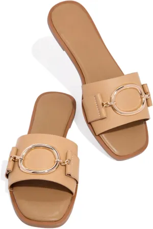 Coutgo Womens Square Toe Dressy Summer Slide Sandals Flat Low Heel Big Metal Chain Slip On Party Slippers Shoes