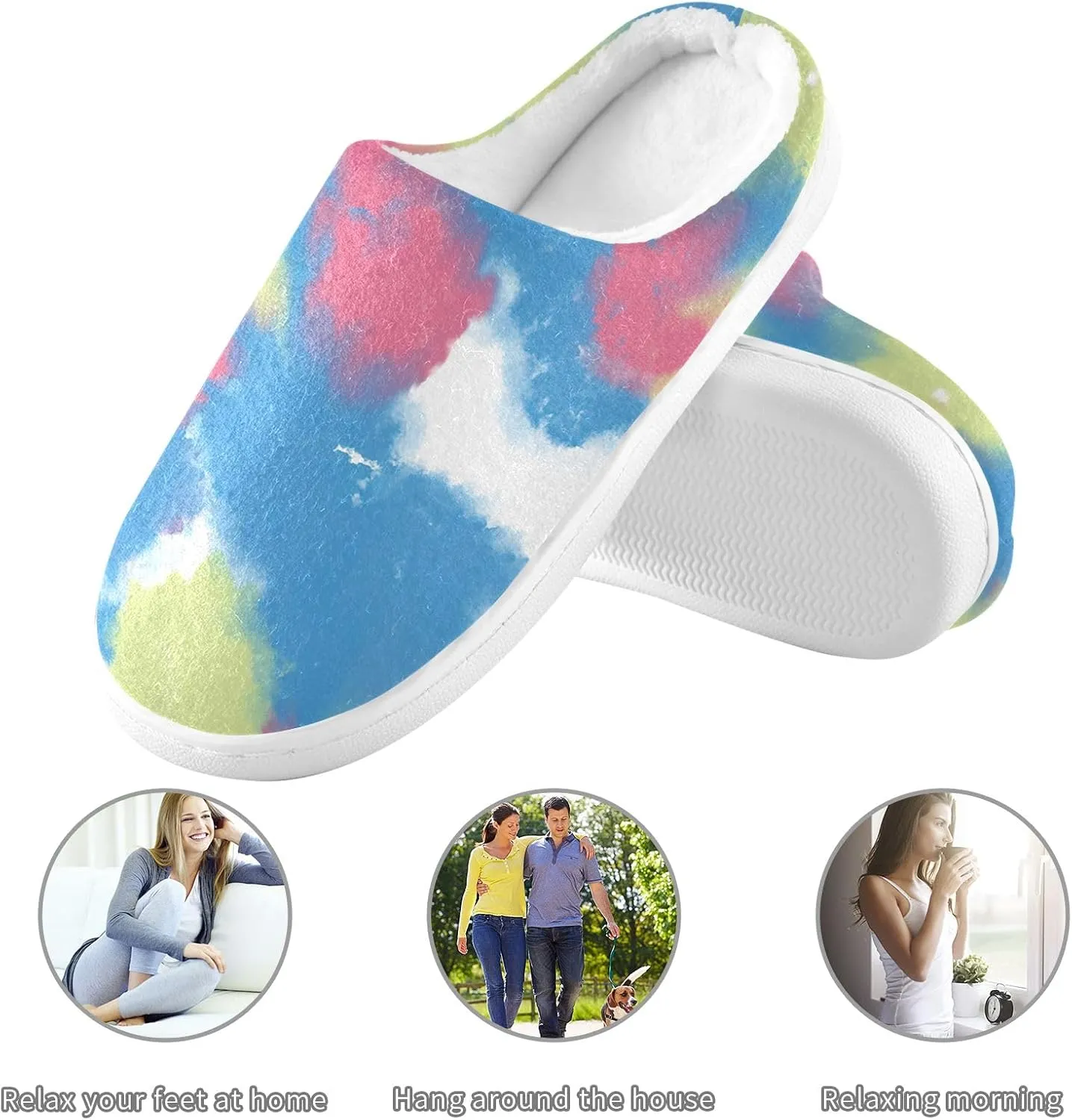 Cozy Slippers Tie Dye Rainbow Pink, Soft Home Slippers for Men with Memory Foam, Lightweight Non-Slip