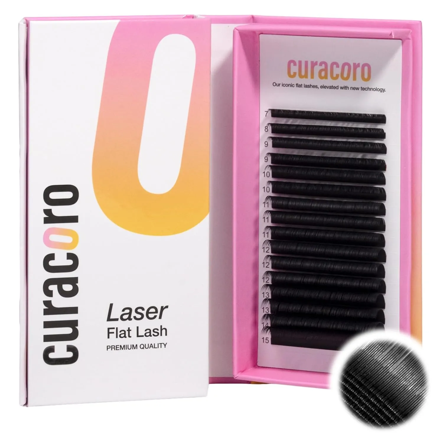 Curacoro Laser Flat Lash Extensions – Lightweight & Long-Lasting Flat Lashes with Laser-Enhanced Adhesion | True Black C, CC, D Curl 7–15mm Eyelash Extensions for Professionals