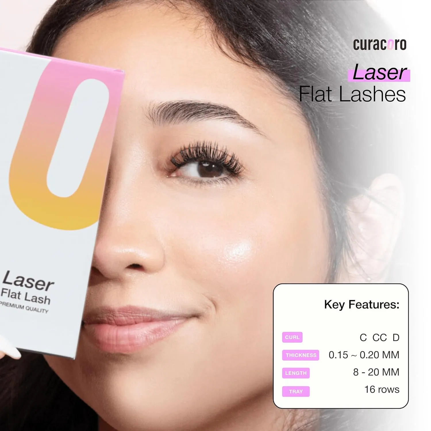 Curacoro Laser Flat Lash Extensions – Lightweight & Long-Lasting Flat Lashes with Laser-Enhanced Adhesion | True Black C, CC, D Curl 7–15mm Eyelash Extensions for Professionals