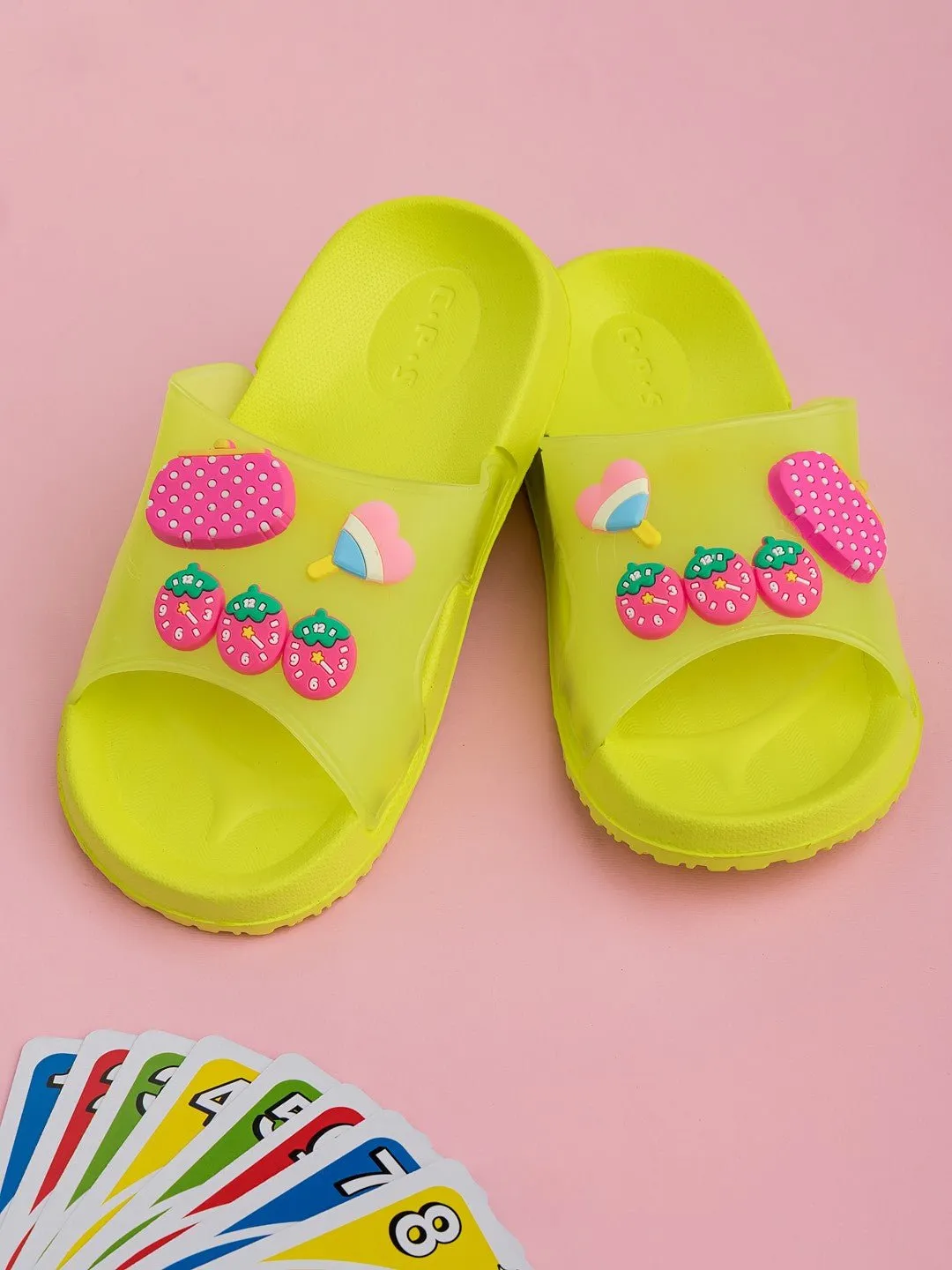 Cute & Comfy Strawberry, Purse & Heart Candy Charms Slides for Girls- Green