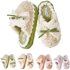 Cute Elegant Lace Bow Bowknot Fuzzy Slippers Home Slippers for Women Winter Warm Plush Comfy Sandals Non-Slip Thicken Sole Home Slippers Christmas Gift