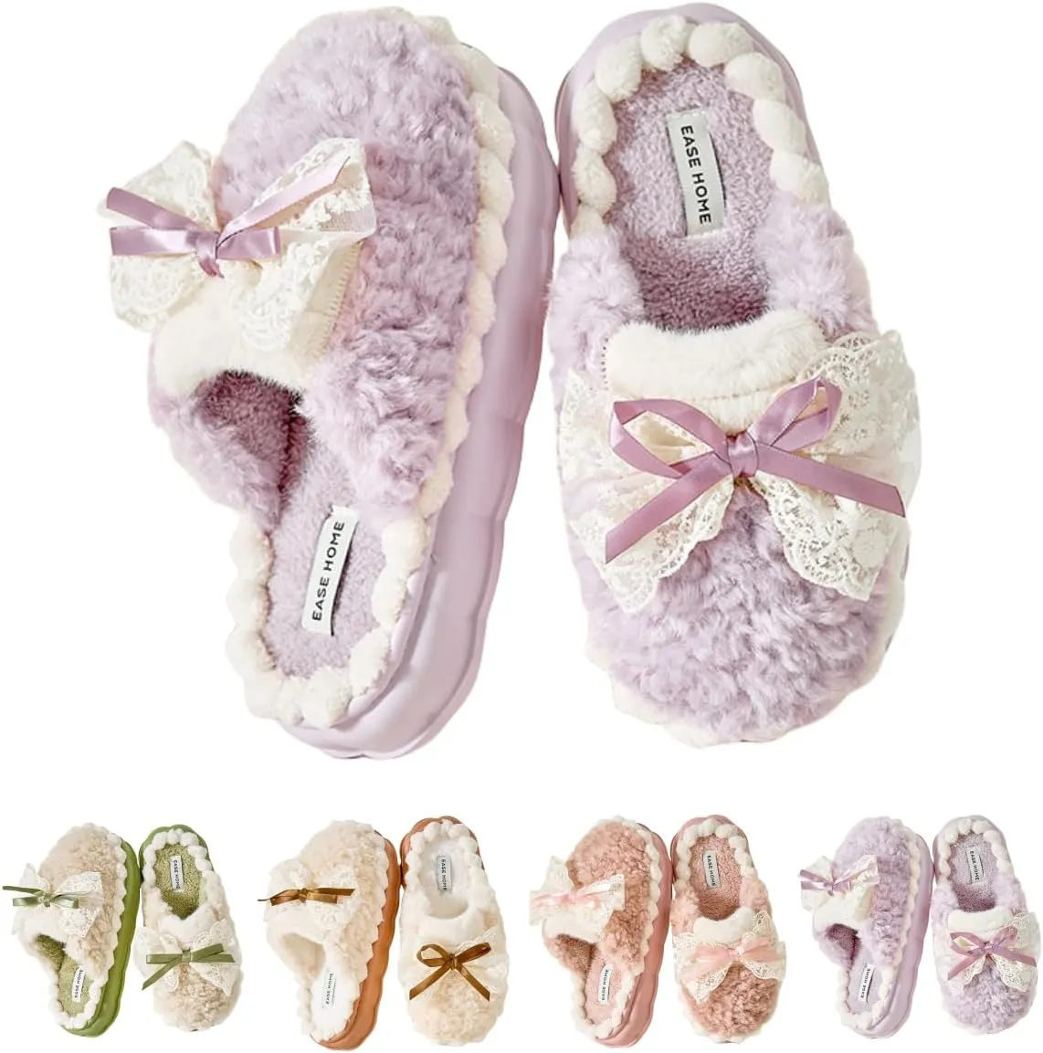 Cute Elegant Lace Bow Bowknot Fuzzy Slippers Home Slippers for Women Winter Warm Plush Comfy Sandals Non-Slip Thicken Sole Home Slippers Christmas Gift