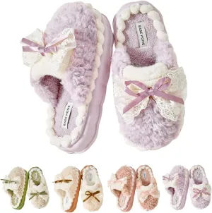 Cute Elegant Lace Bow Bowknot Fuzzy Slippers Home Slippers for Women Winter Warm Plush Comfy Sandals Non-Slip Thicken Sole Home Slippers Christmas Gift
