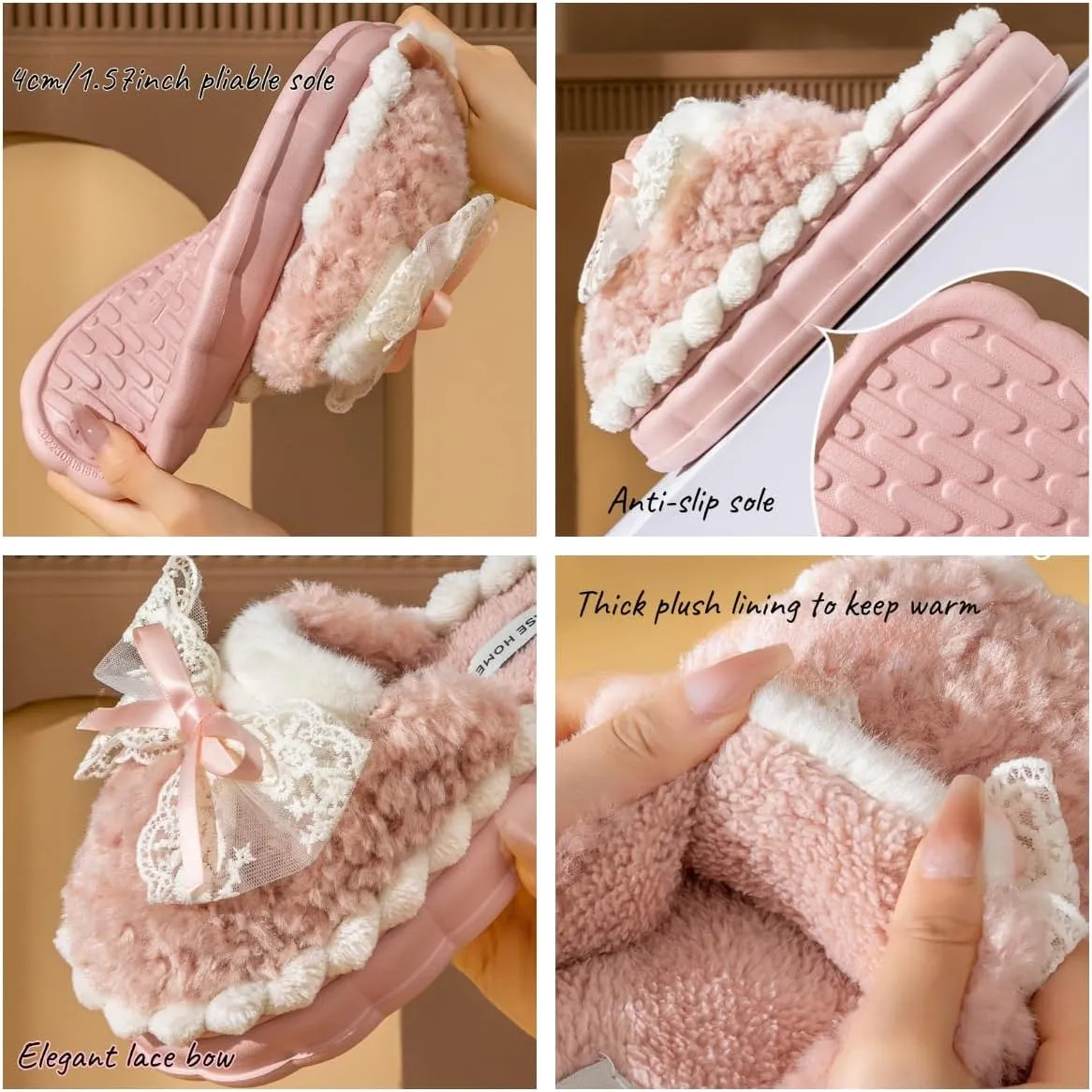 Cute Elegant Lace Bow Bowknot Fuzzy Slippers Home Slippers for Women Winter Warm Plush Comfy Sandals Non-Slip Thicken Sole Home Slippers Christmas Gift