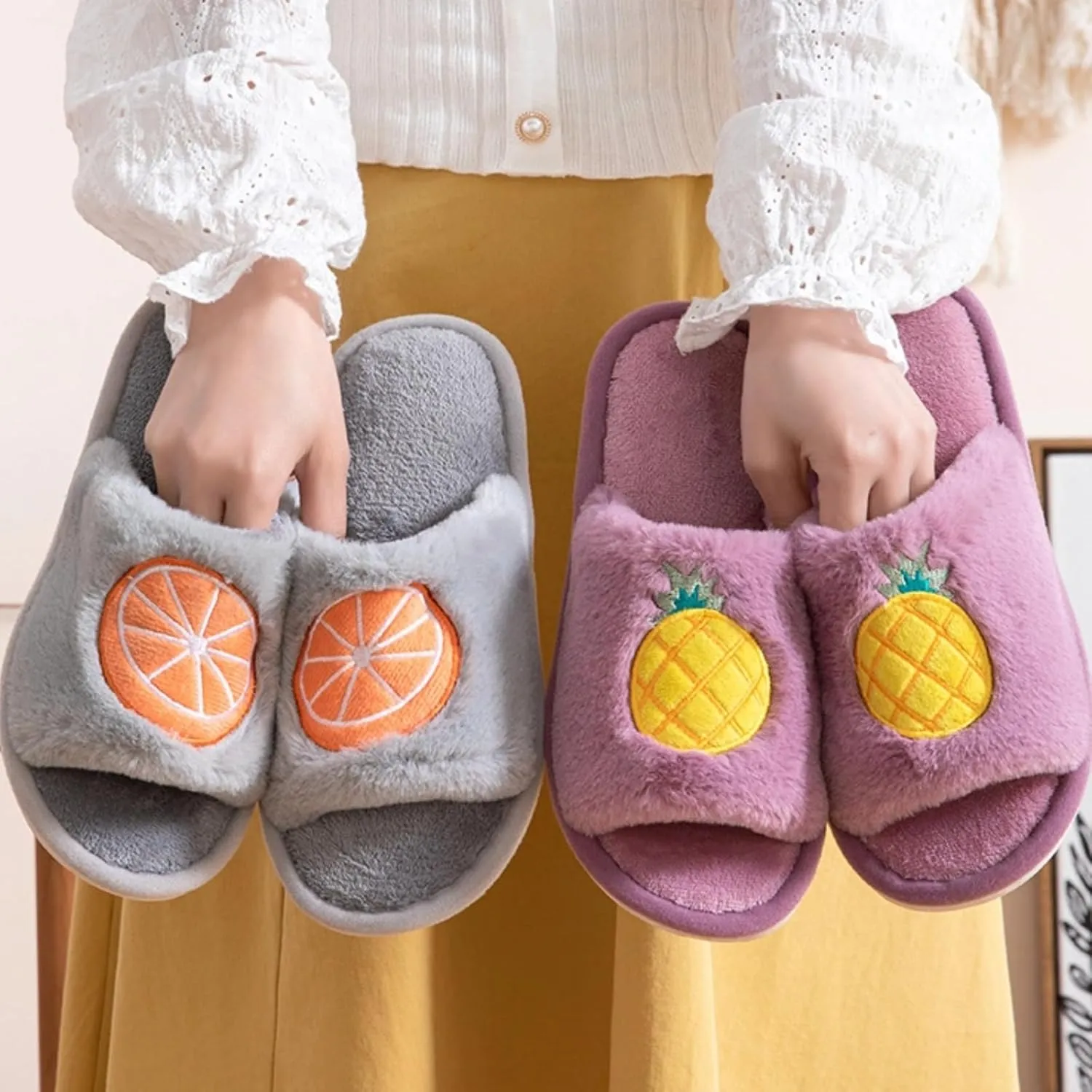 Cute Strawberry Slippers for Women Indoor Home Plush Cotton Cherry Non-Slip Slides Open Toe House Shoes Soft Sole Bedroom
