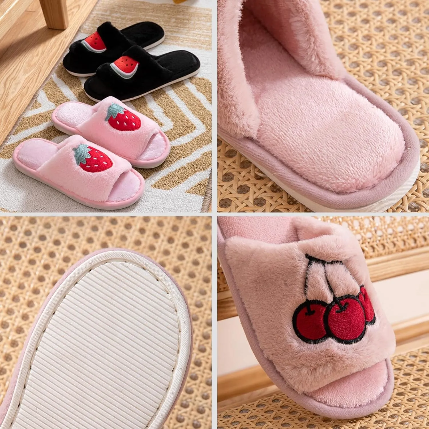 Cute Strawberry Slippers for Women Indoor Home Plush Cotton Cherry Non-Slip Slides Open Toe House Shoes Soft Sole Bedroom