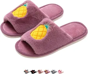 Cute Strawberry Slippers for Women Indoor Home Plush Cotton Cherry Non-Slip Slides Open Toe House Shoes Soft Sole Bedroom