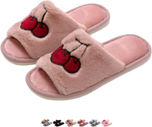 Cute Strawberry Slippers for Women Indoor Home Plush Cotton Cherry Non-Slip Slides Open Toe House Shoes Soft Sole Bedroom