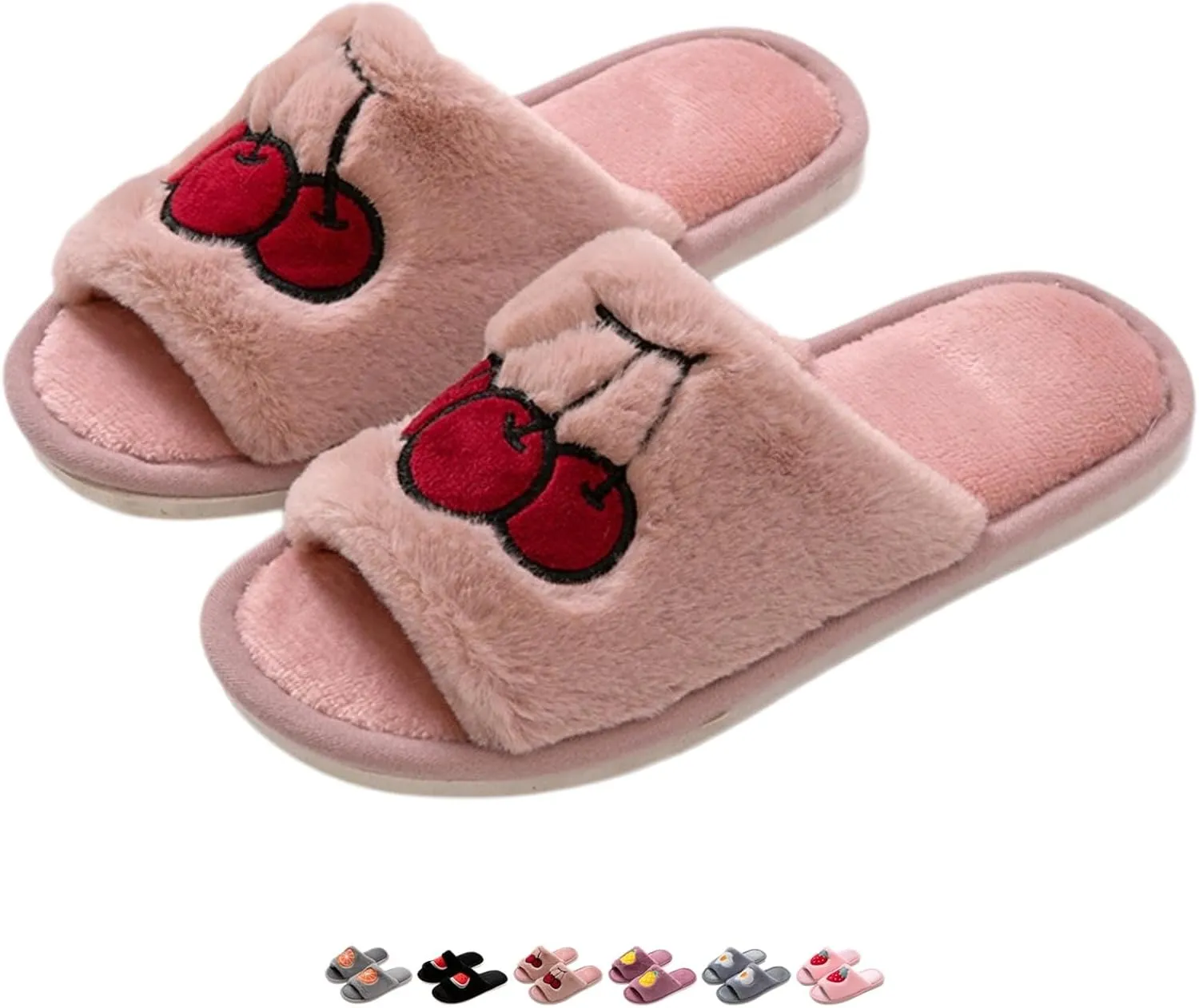 Cute Strawberry Slippers for Women Indoor Home Plush Cotton Cherry Non-Slip Slides Open Toe House Shoes Soft Sole Bedroom