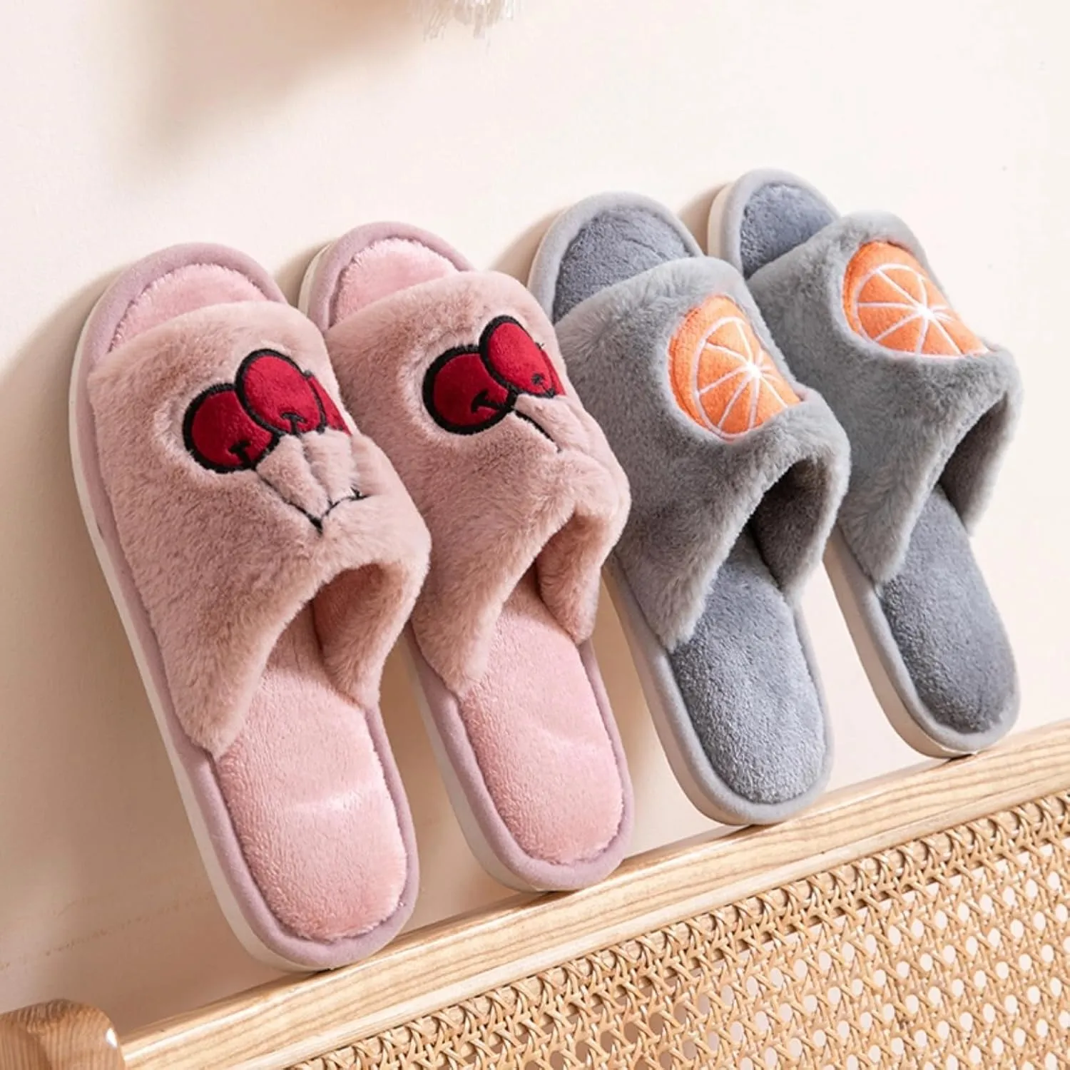 Cute Strawberry Slippers for Women Indoor Home Plush Cotton Cherry Non-Slip Slides Open Toe House Shoes Soft Sole Bedroom