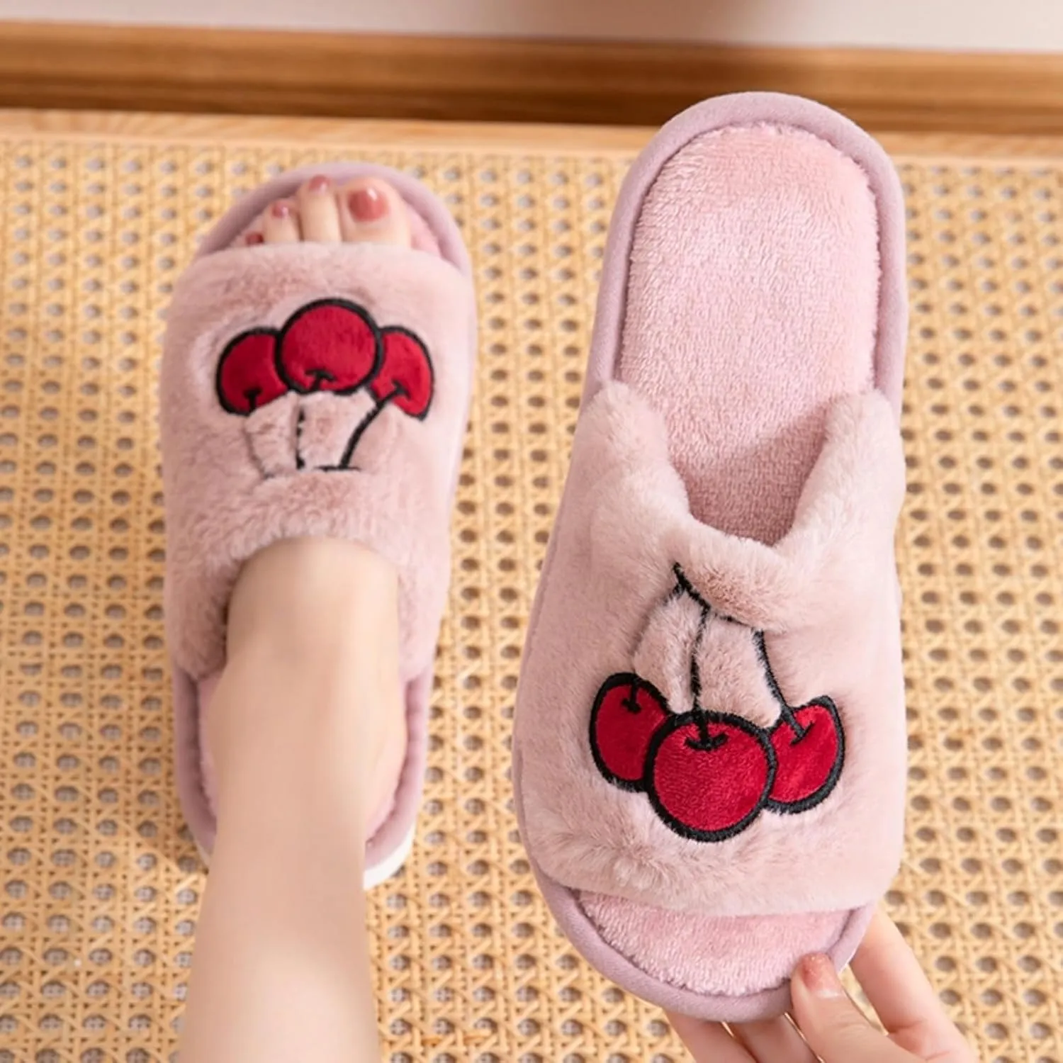 Cute Strawberry Slippers for Women Indoor Home Plush Cotton Cherry Non-Slip Slides Open Toe House Shoes Soft Sole Bedroom