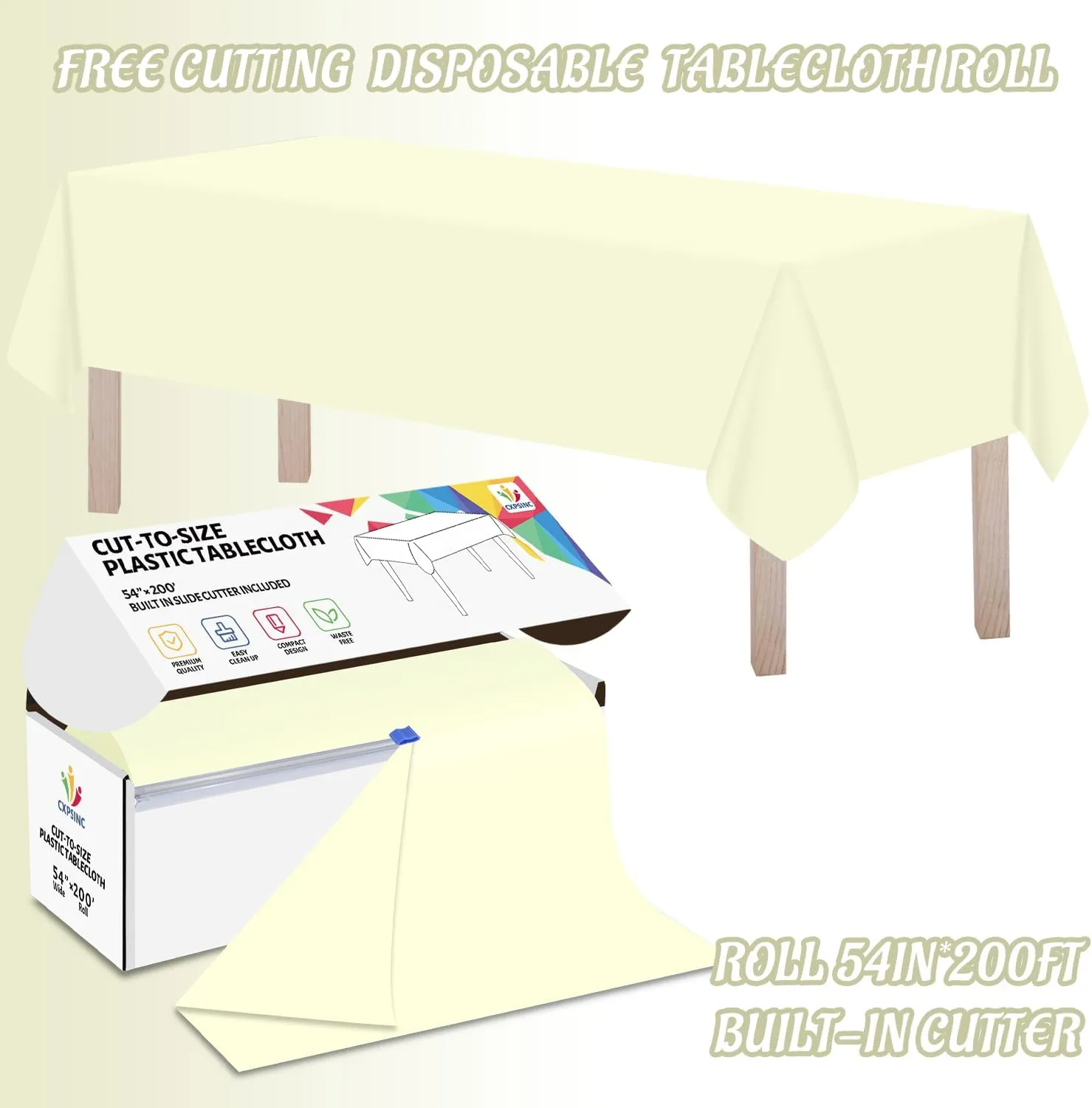CXPSINC 54 Inch X 200 Feet Plastic Table Cover Roll Disposable Tablecloth with Slide Cutter for All Type/Shape Tables | Picnic, Party, Banquet, Birthdays, Weddings (Beige)