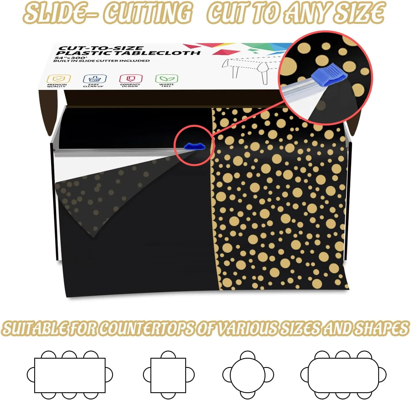 CXPSINC Plastic Table Cover Roll with Slide Cutter, Disposable Tablecloth Roll for Picnic, Party, Banquet, Birthdays, Weddings (Black & Gold Dot Runner, 54 Inch X 300 Feet)
