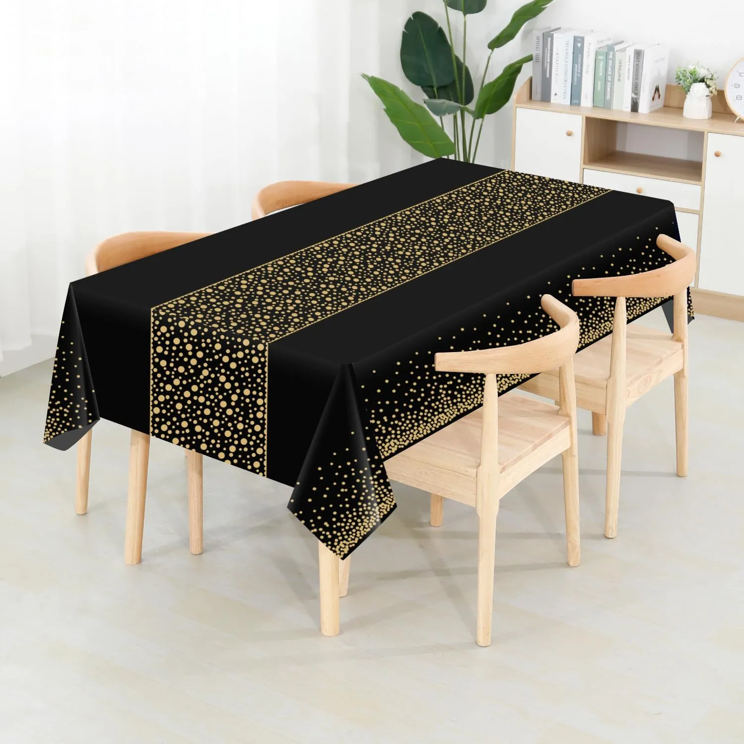 CXPSINC Plastic Table Cover Roll with Slide Cutter, Disposable Tablecloth Roll for Picnic, Party, Banquet, Birthdays, Weddings (Black & Gold Dot Runner, 54 Inch X 300 Feet)