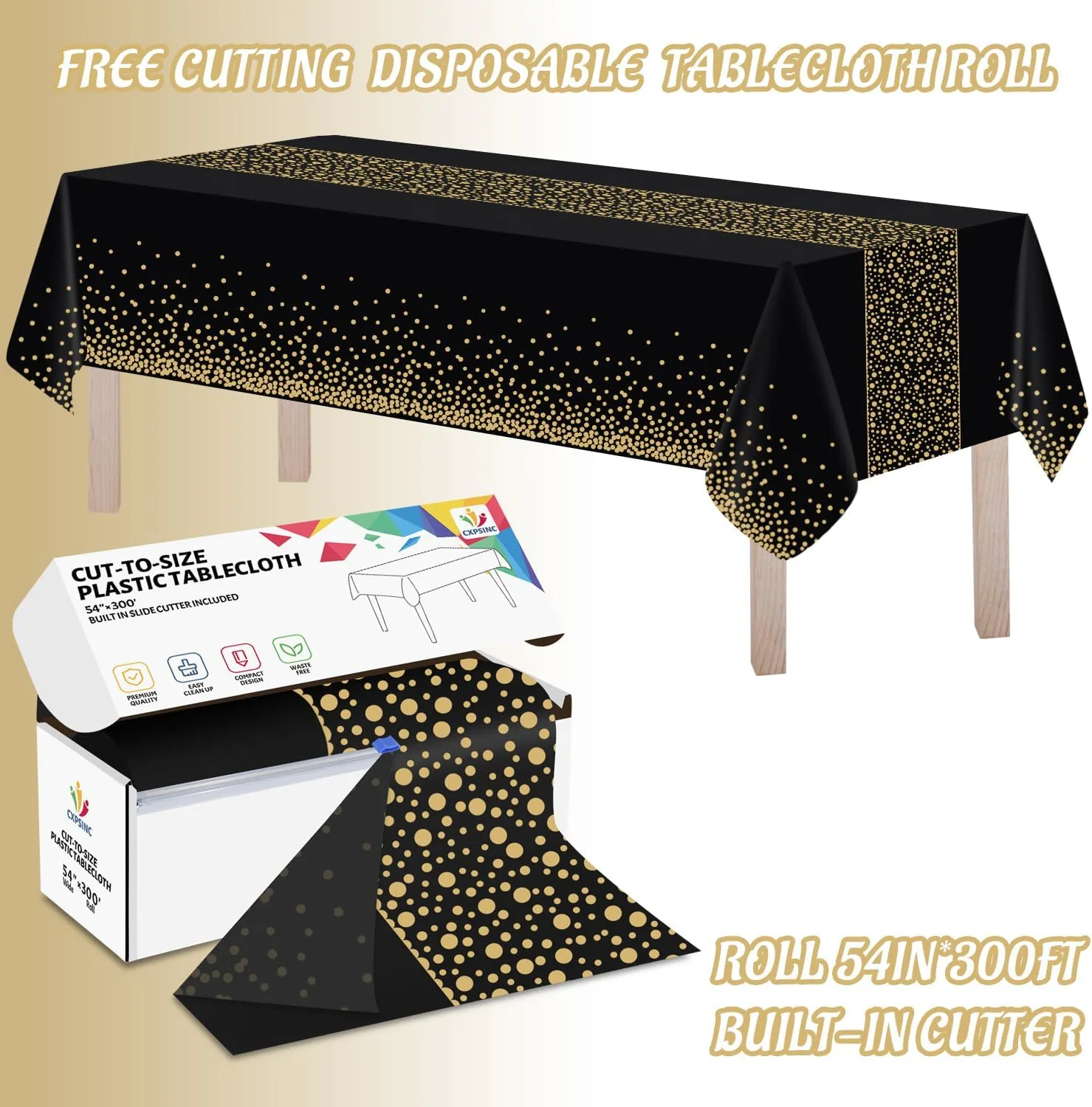 CXPSINC Plastic Table Cover Roll with Slide Cutter, Disposable Tablecloth Roll for Picnic, Party, Banquet, Birthdays, Weddings (Black & Gold Dot Runner, 54 Inch X 300 Feet)