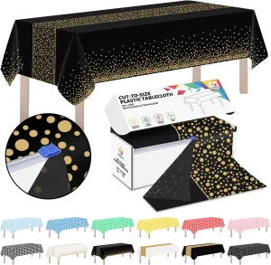CXPSINC Plastic Table Cover Roll with Slide Cutter, Disposable Tablecloth Roll for Picnic, Party, Banquet, Birthdays, Weddings (Black & Gold Dot Runner, 54 Inch X 300 Feet)